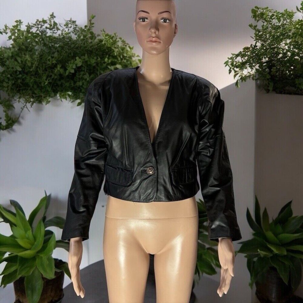Vtg 80's Evan Davies black leather cropped jacket Size 6 2 Front Pockets,Korea